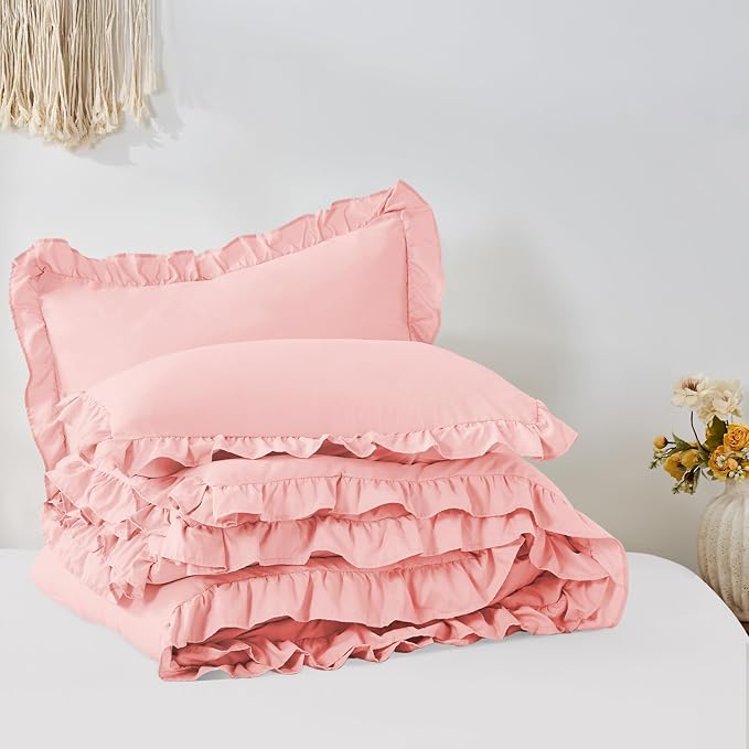 FUANNA King Size Comforter Set Pink, 3 Pieces Ruffle King Bedding Set, Fluffy - Image 9