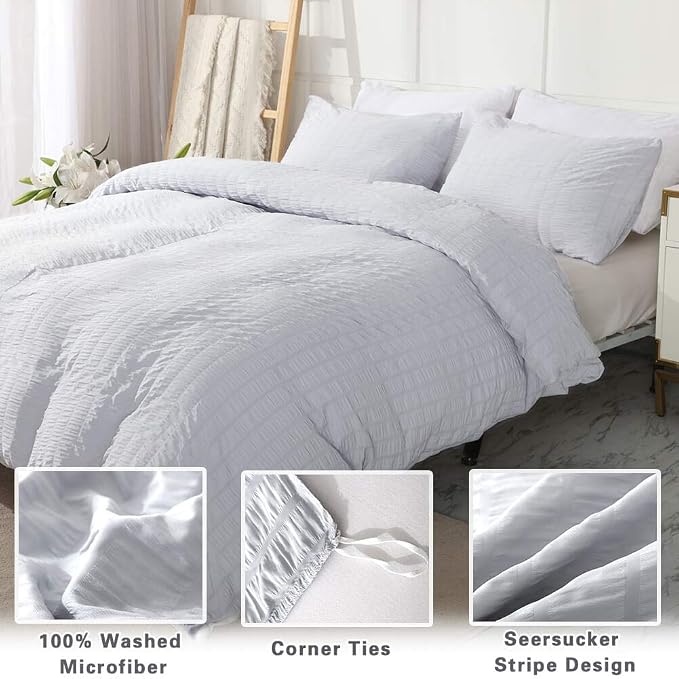 AveLom Light Gray Duvet Cover King, 3 Pieces, Seersucker Striped Soft Washed - Image 2