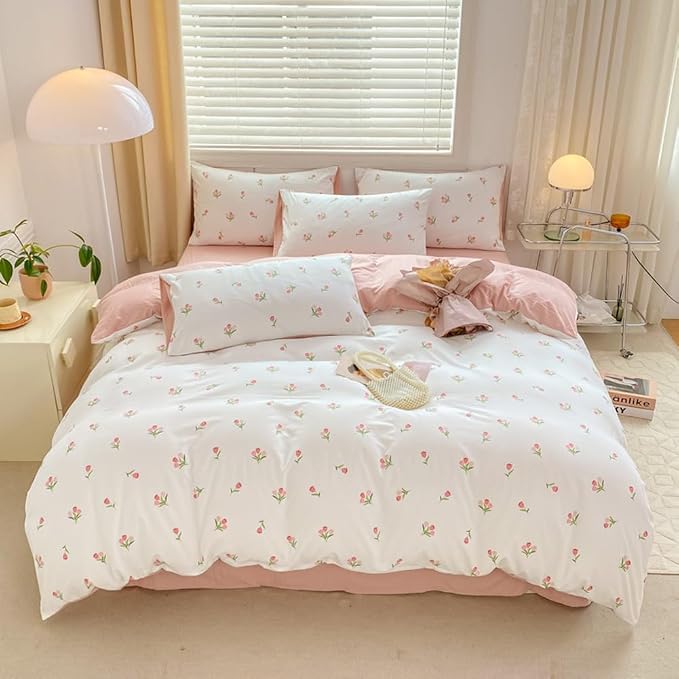 Nayoroom Pink Floral Duvet Cover Queen Size Coquette Tulip Printed on White - Image 5