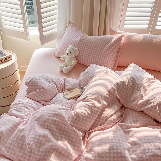 Nayoroom Gingham Duvet Cover King Size Pink White Plaid Checkered Comforter - Image 4
