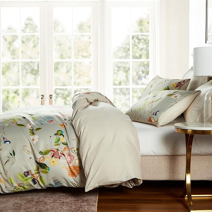 mixinni Duvet Cover Queen Size Set Floral Leaves Pattern Cotton Bird Printed - Image 4