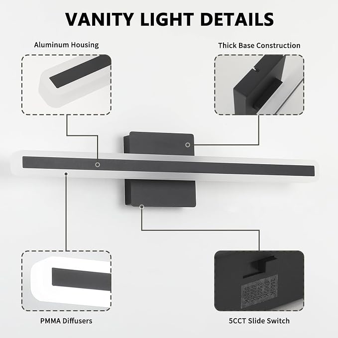 JUSHENG Black Vanity Lights for Bathroom, 24 Inch 20W 5CCT Dimmable Bathroom - Image 5