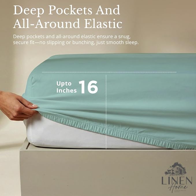 Linen Home 100% Cotton Percale Sheets Queen Size, Aqua Blue, Deep Pocket - Image 4