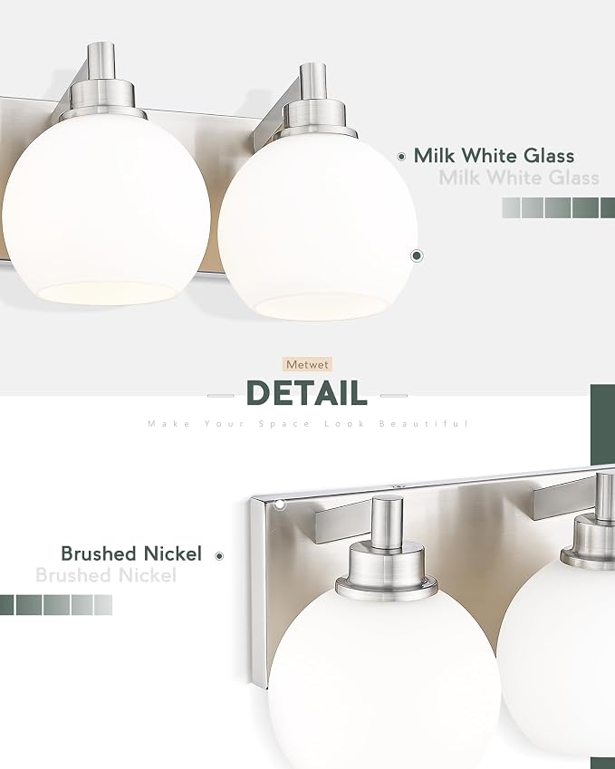 Bathroom Light Fixtures, 3-Light Brushed Nickel Vanity Light, Modern Wall - Image 4