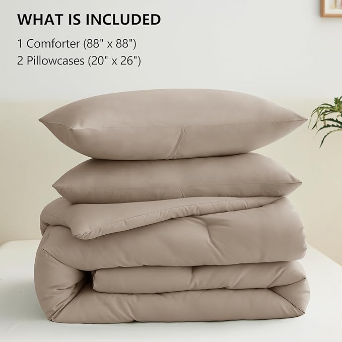 CozyLux Queen Comforter Set Khaki, 3 Pieces Solid Comforters Queen Size - Image 6
