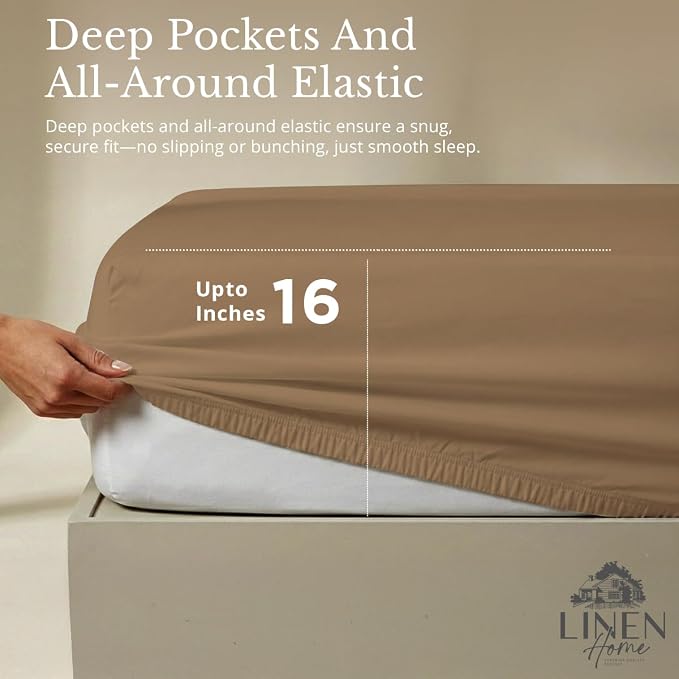 Linen Home 100% Cotton Percale Sheets Twin Size, Earthy Brown, Deep Pocket - Image 4