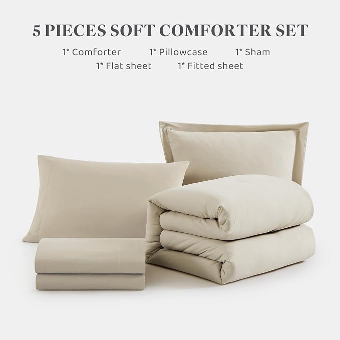 WRENSONGE Twin Comforter Set- 5 Pieces Light Oatmeal Twin Bed in a Bag - Image 8