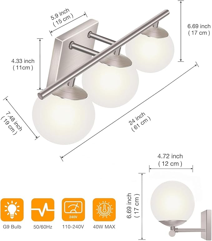 New Bathroom Vanity Light Fixtures 3 Lights Brushed Nickel Glass Shade Modern - Image 3