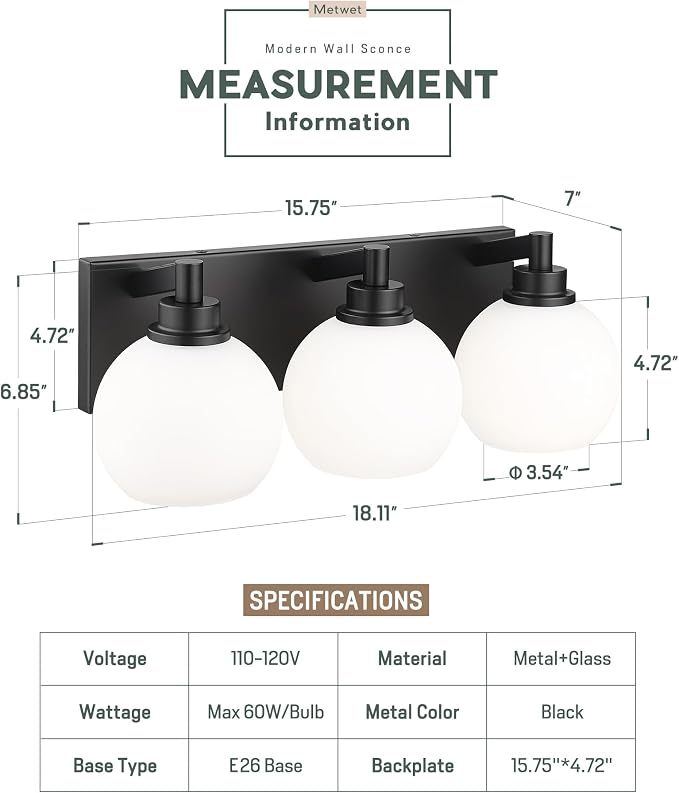 Bathroom Light Fixtures, 3-Light Matte Black Vanity Light, Modern Wall Sconces - Image 3
