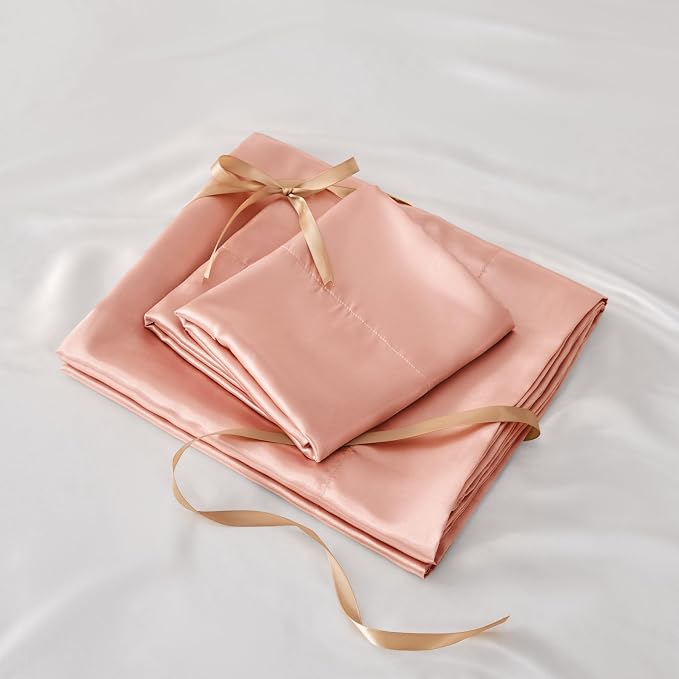 BEDELITE Satin Sheets Queen Size Bed Set, Luxury Soft Coral Pink Silky Sheets - Image 7