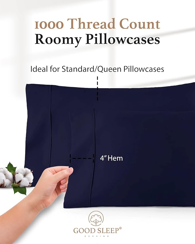 1000 TC Navy Blue Standard Pillowcases Set of 4 100% Egyptian Cotton Pillow - Image 3