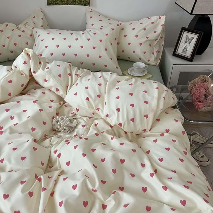 Nayoroom Heart Duvet Cover Full Size Kawaii Pink Heart Printed on Cream White - Image 2
