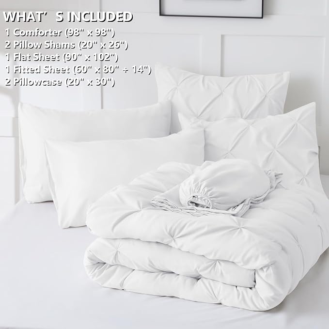 HIMEET Pintuck Bed in a Bag, 7 Pieces Oversized Queen Comforter Set White - Image 6