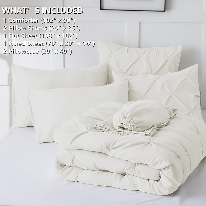 HIMEET Pintuck Bed in a Bag, 7 Pieces King Size Comforter Set Ivory, Luxury - Image 6