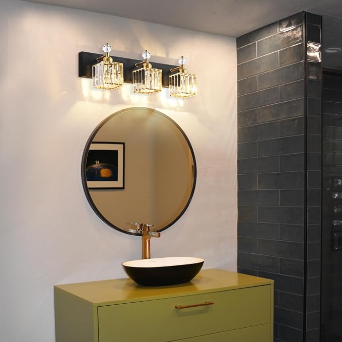 PRESDE 3-Light Crystal Bathroom Vanity Lights Black and Gold Bathroom Lights - Image 3
