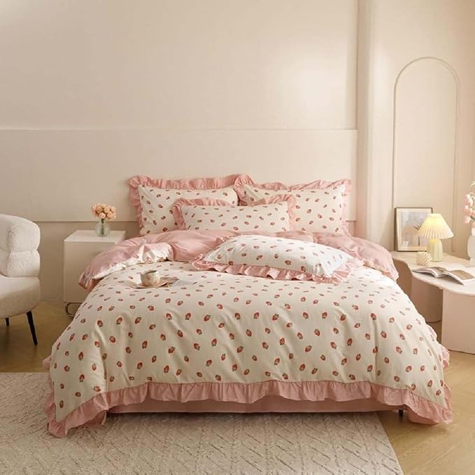 Nayoroom Ruffle Duvet Cover Full Size Pink Strawberry Printed on White Ruffled - Image 6