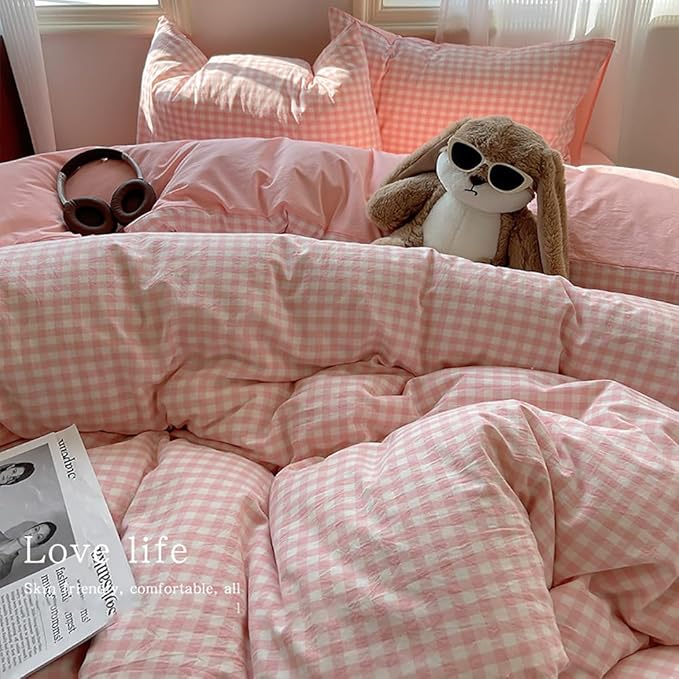 Nayoroom Gingham Duvet Cover Full Size Reversible Pink Plaid Checkered Duvet - Image 3