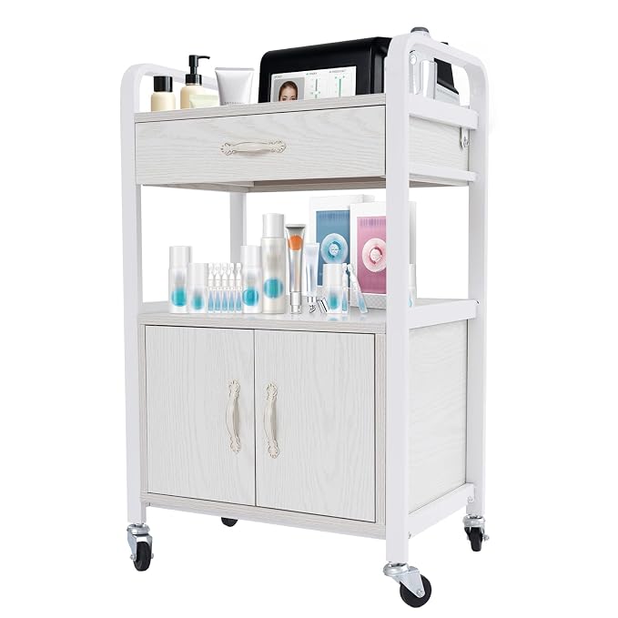 Salon Trolley Cart with Wheels, Mobile Utility Storage Cabinet with 1 Drawer & by HAPPCUCOE