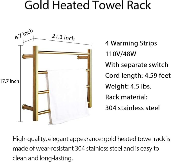 XBVV Gold Heated Towel Rack for Bathroom, Wall Mounted Bath Towel Warmer - Image 6