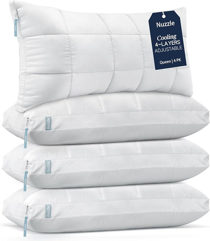 Nuzzle Pillows Queen Size Set of 4 Cooling Adjustable Pillows by Nuzzlepillow