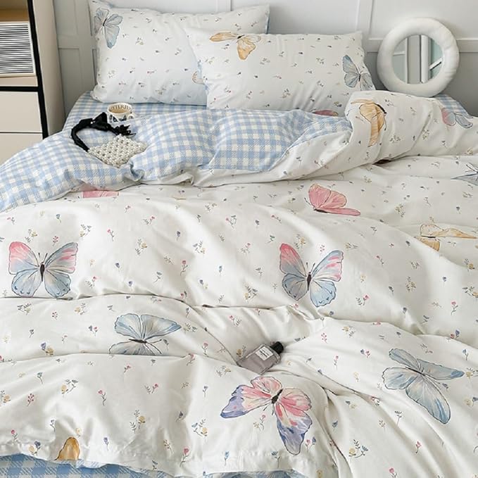 Nayoroom Butterfly Duvet Cover Queen Size Reversible Blue White Gingham Bedding - Image 5