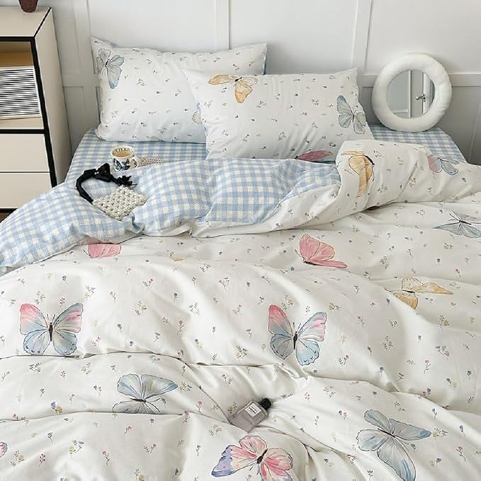 Nayoroom Butterfly Duvet Cover Queen Size Reversible Blue White Gingham Bedding - Image 4