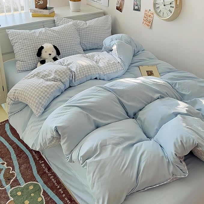 Nayoroom Gingham Duvet Cover King Size Reversible Blue Plaid Checkered Duvet - Image 5
