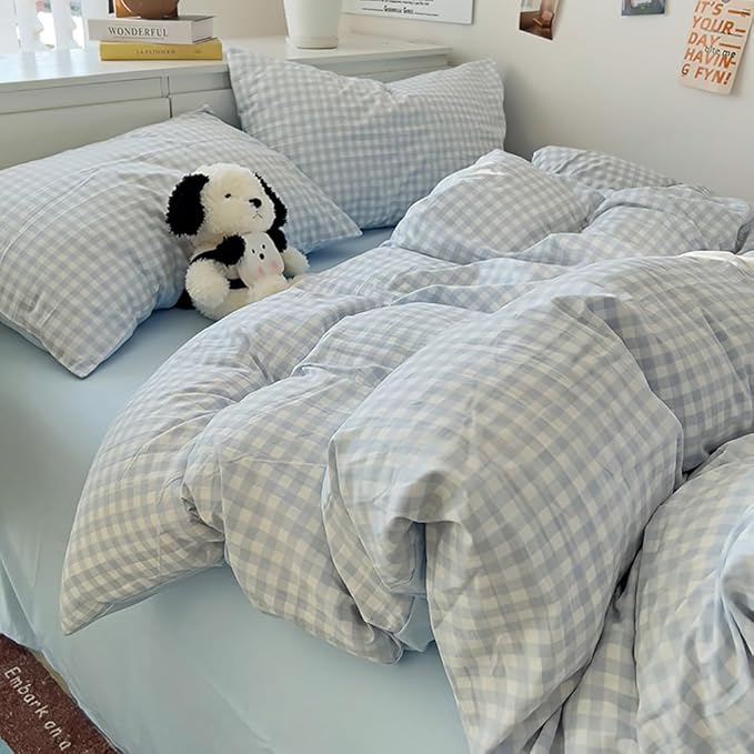 Nayoroom Blue Gingham Duvet Cover Queen Size Reversible Plaid Checkered Duvet - Image 2