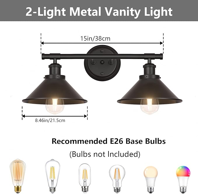 Licperron Black 2-Light Vanity Wall Sconce Lighting, Farmhouse Bathroom Wall - Image 2