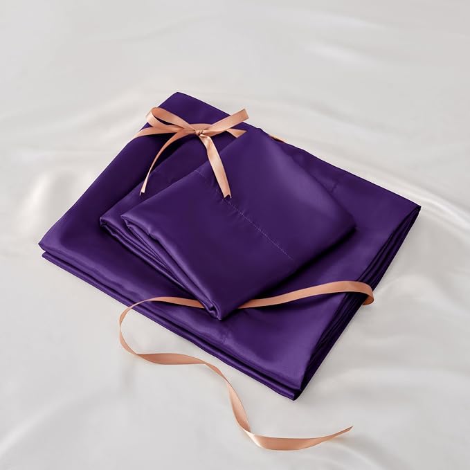 BEDELITE Satin Sheets Queen Size Bed Set, Luxury Soft Plum Purple Sheets - Image 7