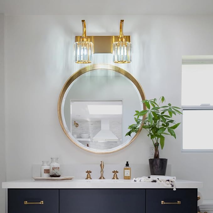 Bathroom Crystal Vanity Lights 2-Light Gold Wall Lamp Modern Crystal Bathroom - Image 3
