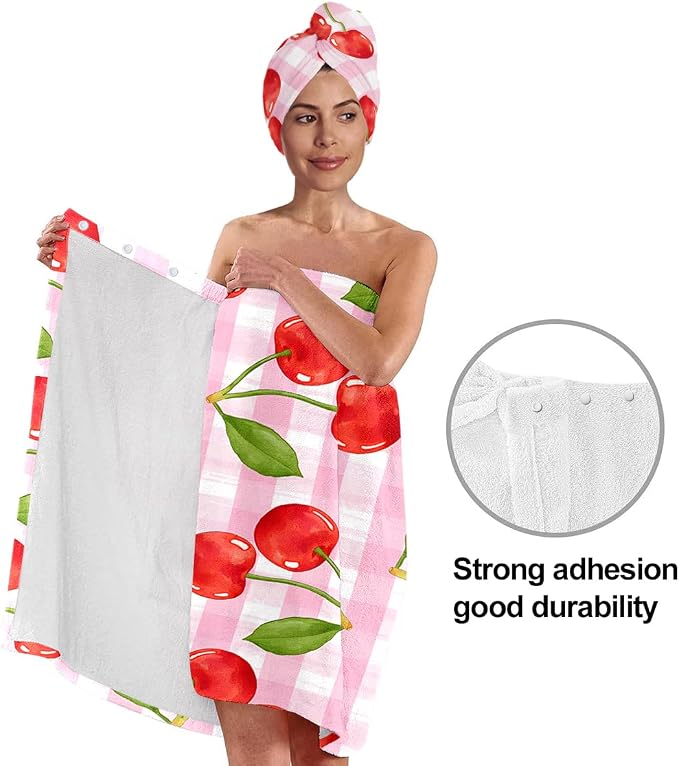 Cherry Bath Wrap with Hair Turban – Pink Check Microfiber Shower Skirt and - Image 4