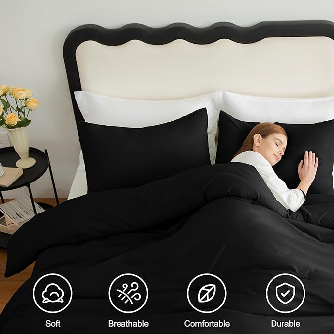 CozyLux Queen Comforter Set Black, 3 Pieces Solid Comforters Queen Size - Image 4