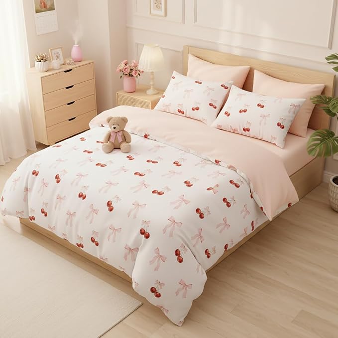 Nayoroom Pink Bow Duvet Cover Queen Size Reversible Red Cherry Duvet Cover 3 - Image 3