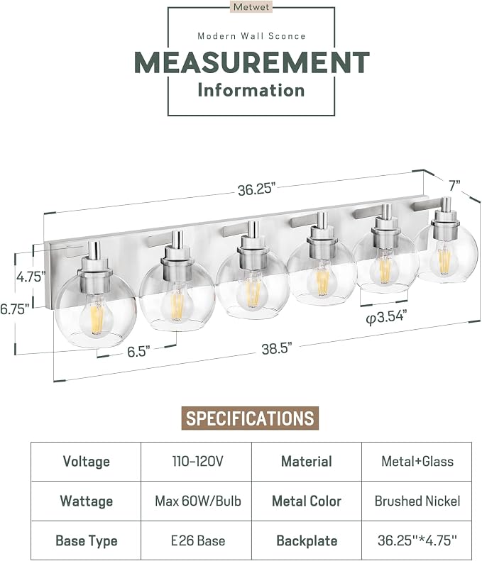 Bathroom Light Fixtures, 6 Light Brushed Nickel Vanity Light, 38 Inch Modern - Image 2