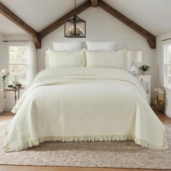 Brandream Luxury Cotton Quilt Set King Size Heirloom Quality Ruffled Edge - Image 2