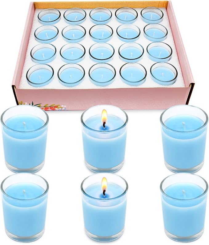 Set of 20 Babyblue Votive Candles Clear Glass Filled Unscented Soy Wax Candle - Image 6