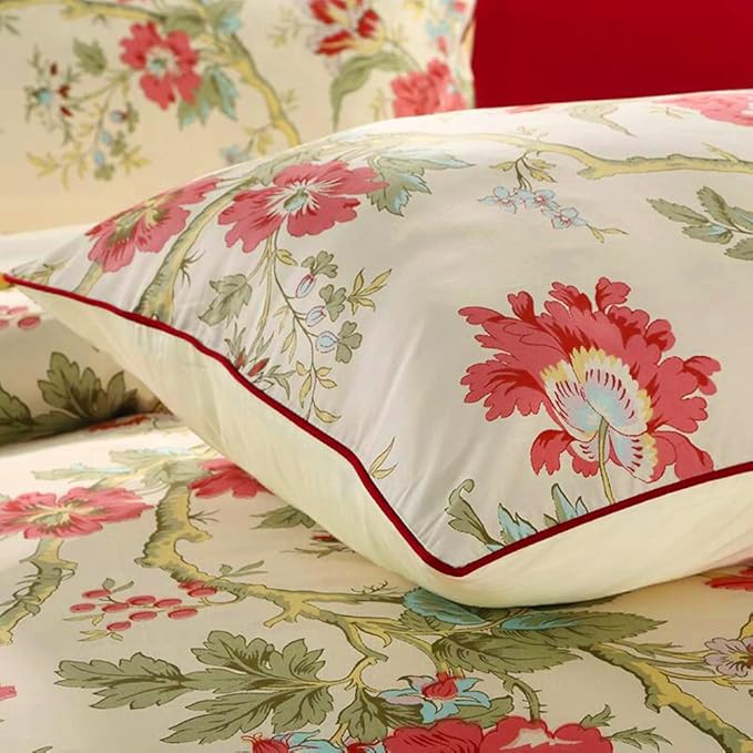 mixinni Red Floral Duvet Cover Queen Green Leaves Pattern Bedding Duvet Cover - Image 5