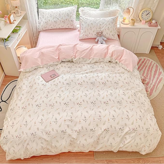 Nayoroom Floral Duvet Cover King Size Girls Pink White Botanical Flower - Image 4