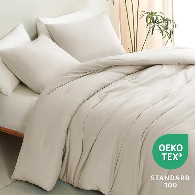 CozyLux King Size Comforter Set Oatmeal, 3 Pieces Solid Comforters King Size - Image 4