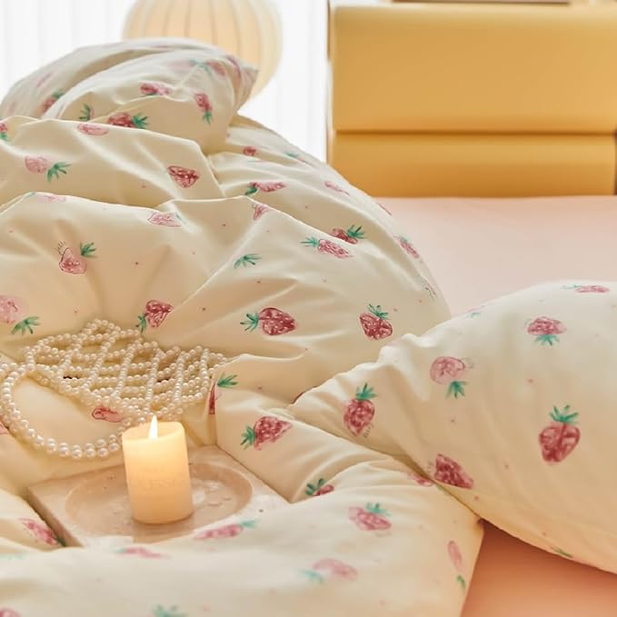 Nayoroom Strawberry Duvet Cover Set Queen Size Girls Cute Pink Strawberries - Image 3