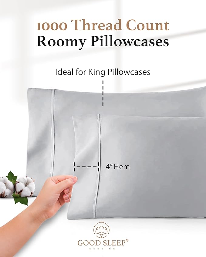 1000 TC Light Gray King Pillowcases Set of 4 100% Egyptian Cotton Pillow Cases - Image 3