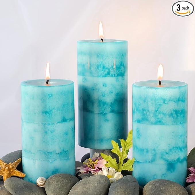 Pillar Candles Ocean Breeze Scented 3x6 inch Long-Lasting Clean Burning Candle by FLAVCHARM