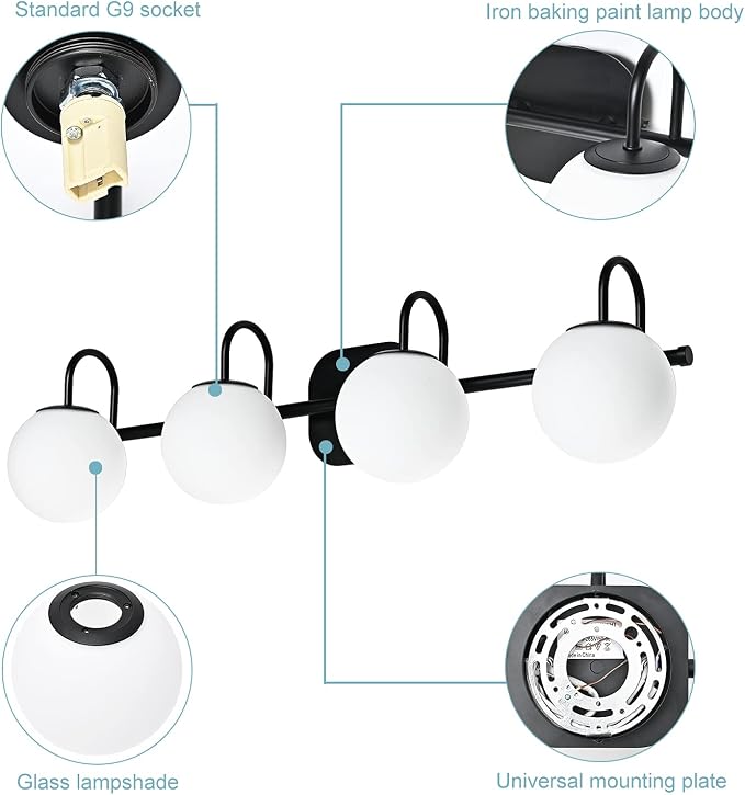 Vintage Bathroom Light Fixtures 4-Lights Black Mid Century Vanity Lights - Image 5