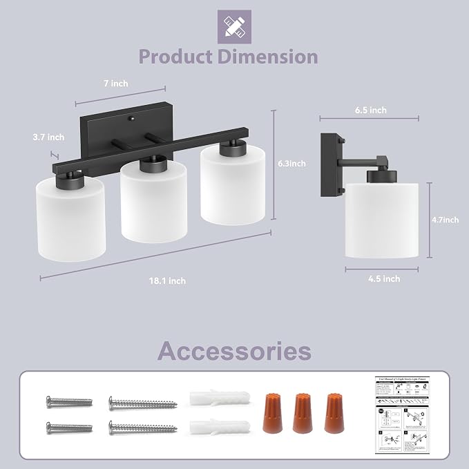 Honesorn Bathroom Light Fixtures Black, 3-Light Bathroom Vanity Light Over - Image 5