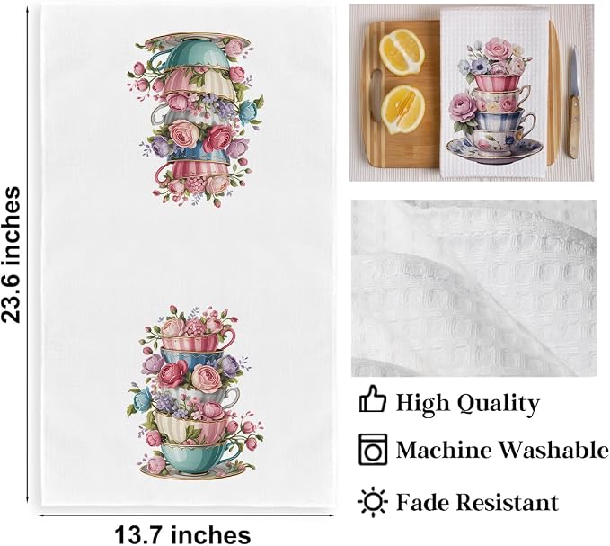 2PCS Watercolor Rose Kitchen Towels, Flower Coffee Cup Waffle Weave Dish Tea - Image 2