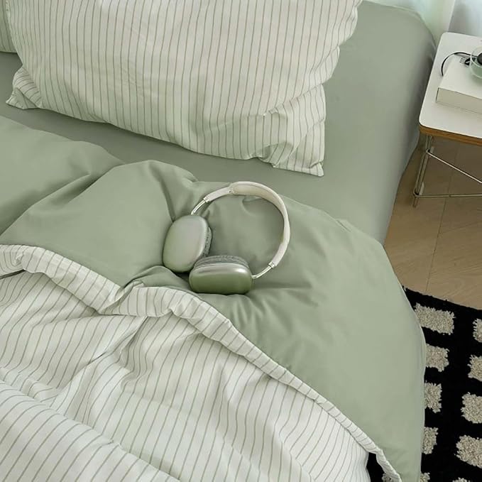 Nayoroom Green Striped Duvet Cover Queen Size 100% Washed Cotton Duvet Cover - Image 4
