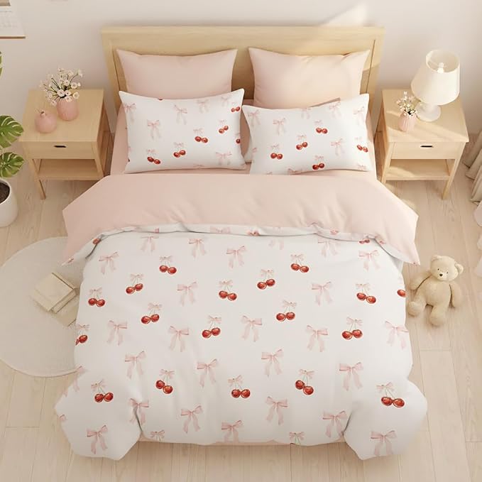 Nayoroom Pink Bow Duvet Cover Full Size Reversible Red Cherry Duvet Cover 3 - Image 4