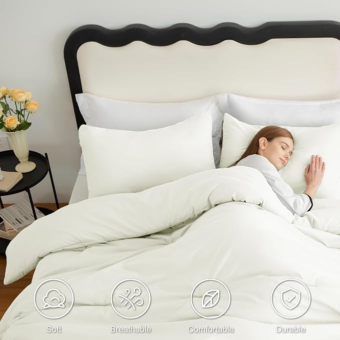 CozyLux King Size Comforter Set Ivory, 3 Pieces Solid Comforters King Size - Image 5