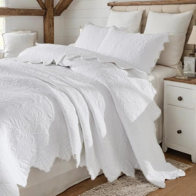 Brandream White Quilt Set King Size Quilt Bedding Set Cotton Luxury Matelasse - Image 2